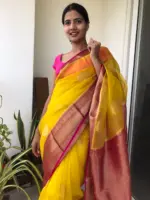 Yellow Organza Silk Saree highlighted with Kanchi Zari Border - Image 4