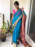 Blue Organza Silk Saree highlighted in Chequered Design with Kanchi Silk Zari Border - Image 3