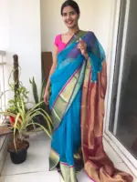 Blue Organza Silk Saree highlighted in Chequered Design with Kanchi Silk Zari Border - Image 4