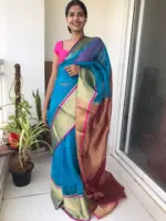 Blue Organza Silk Saree highlighted in Chequered Design with Kanchi Silk Zari Border - Image 2