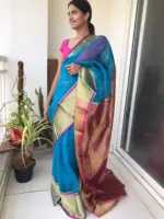 Blue Organza Silk Saree highlighted in Chequered Design with Kanchi Silk Zari Border