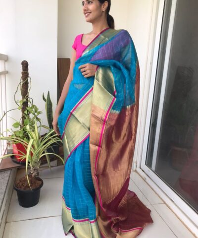 Blue Organza Silk Saree highlighted in Chequered Design with Kanchi Silk Zari Border