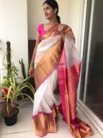 White Organza Silk Saree highlighted with Kanchi Zari Border - Image 5