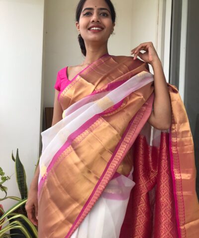 White Organza Silk Saree highlighted with Kanchi Zari Border