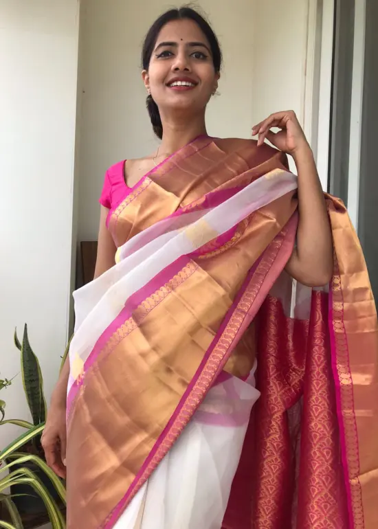 White Organza Silk Saree highlighted with Kanchi Zari Border