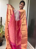 White Organza Silk Saree highlighted with Kanchi Zari Border - Image 3