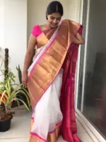 White Organza Silk Saree highlighted with Kanchi Zari Border - Image 4