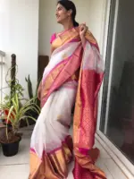 White Organza Silk Saree highlighted with Kanchi Zari Border - Image 2