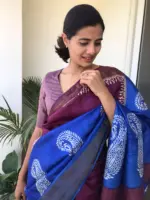 Blue Handwoven Block Printed Tussar Silk Saree