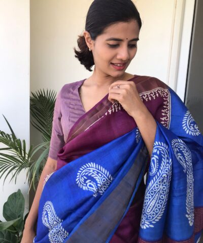 Blue Handwoven Block Printed Tussar Silk Saree