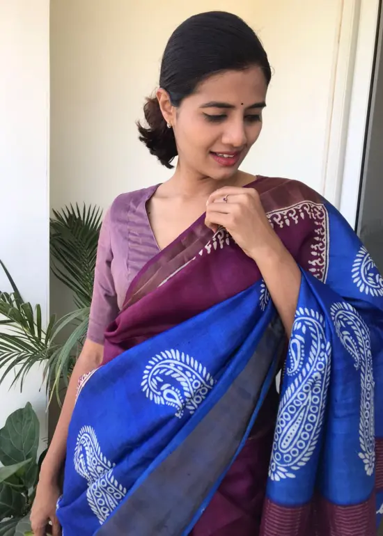 Blue Handwoven Block Printed Tussar Silk Saree