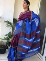 Blue Handwoven Block Printed Tussar Silk Saree - Image 3