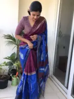 Blue Handwoven Block Printed Tussar Silk Saree - Image 4