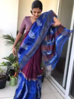 Blue Handwoven Block Printed Tussar Silk Saree - Image 5