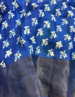 Blue Handwoven Block Printed Tussar Silk Saree - Image 6