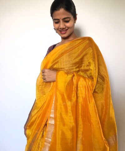 Sunset Yellow Mangalagiri Silk Saree with Silver Zari Weaves