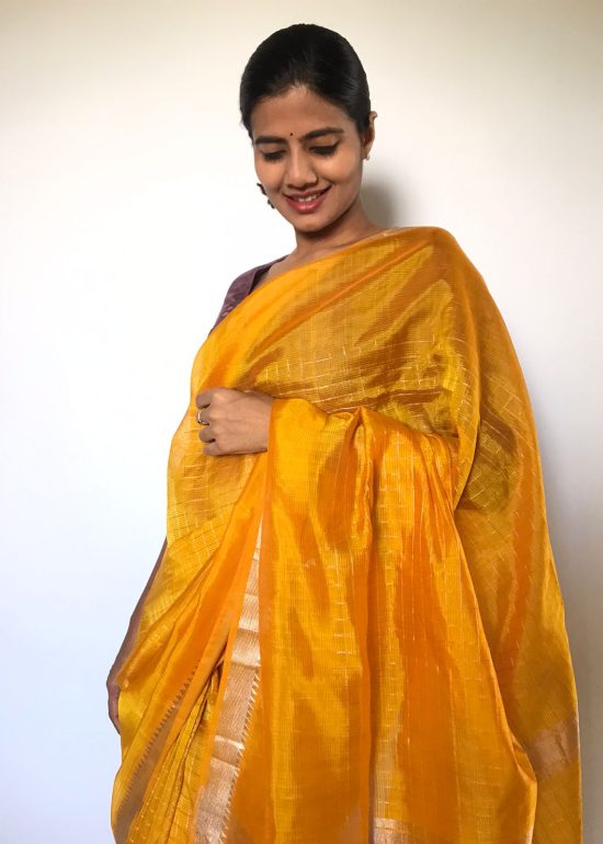 Sunset Yellow Mangalagiri Silk Saree with Silver Zari Weaves