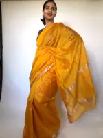 Sunset Yellow Mangalagiri Silk Saree with Silver Zari Weaves - Image 3