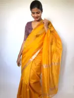 Sunset Yellow Mangalagiri Silk Saree with Silver Zari Weaves - Image 2
