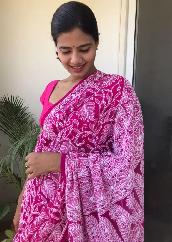 Hot Pink Georgette with Handwoven Chikankari