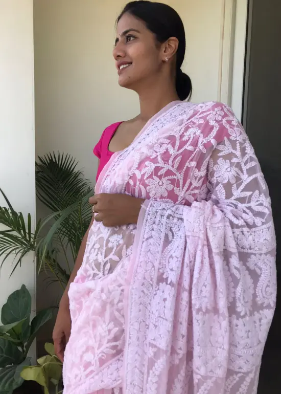 Baby Pink Georgette with Handwoven Chikankari