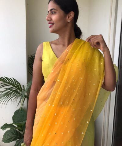 Ombre Yellow Chiffon Saree highlighted with Mirror Work