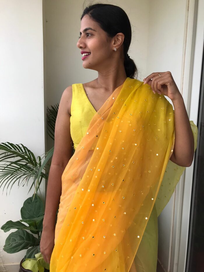 Ombre Yellow Chiffon Saree highlighted with Mirror Work
