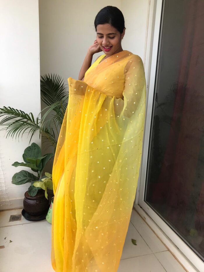 Ombre Yellow Chiffon Saree highlighted with Mirror Work