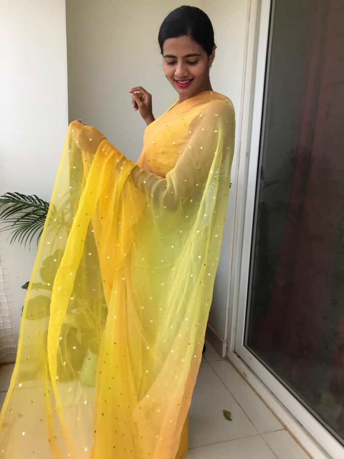 Ombre Yellow Chiffon Saree highlighted with Mirror Work