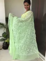 Pista Green Georgette with Handwoven Tepchi Embroidery - Image 3