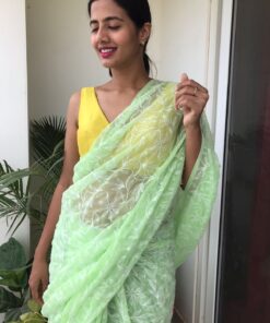 Pista Green Georgette with Handwoven Tepchi Embroidery