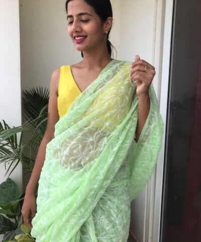 Pista Green Georgette with Handwoven Tepchi Embroidery