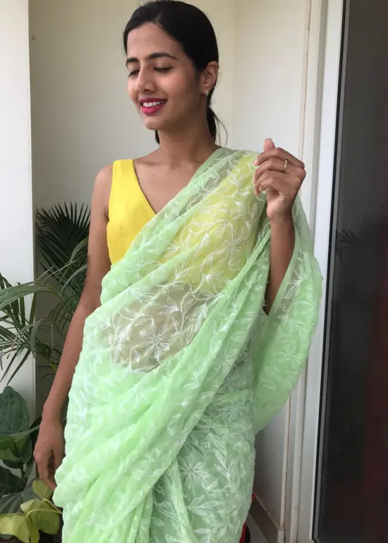 Pista Green Georgette with Handwoven Tepchi Embroidery