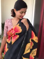 Black Handpainted Pure Silk Saree