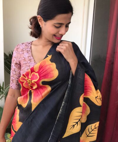 Black Handpainted Pure Silk Saree