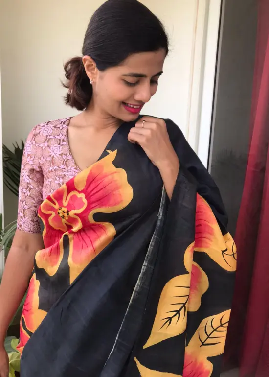 Black Handpainted Pure Silk Saree