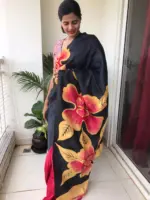 Black Handpainted Pure Silk Saree - Image 2