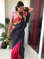 Black Handpainted Pure Silk Saree - Image 3