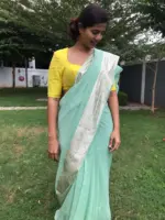 Mint Chiffon Silk Saree adorned with Antique Zari Weaves - Image 4