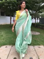 Mint Chiffon Silk Saree adorned with Antique Zari Weaves - Image 2