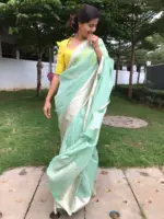 Mint Chiffon Silk Saree adorned with Antique Zari Weaves - Image 3