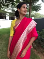 Fuschia Pink Chiffon Silk Saree adorned with Antique Zari Weaves