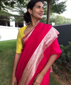 Fuschia Pink Chiffon Silk Saree adorned with Antique Zari Weaves