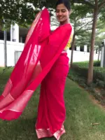 Fuschia Pink Chiffon Silk Saree adorned with Antique Zari Weaves - Image 4