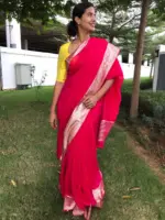 Fuschia Pink Chiffon Silk Saree adorned with Antique Zari Weaves - Image 3
