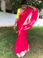 Fuschia Pink Chiffon Silk Saree adorned with Antique Zari Weaves - Image 5