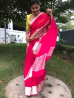 Fuschia Pink Chiffon Silk Saree adorned with Antique Zari Weaves - Image 2