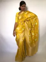Golden Yellow Tissue Georgette Saree highlighted with Jaquard Gold Zari Weaves - Image 5