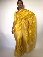 Golden Yellow Tissue Georgette Saree highlighted with Jaquard Gold Zari Weaves - Image 2
