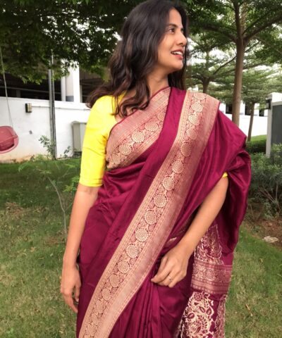 Burgundy Dola Silk Saree with Antique Zari Weaves